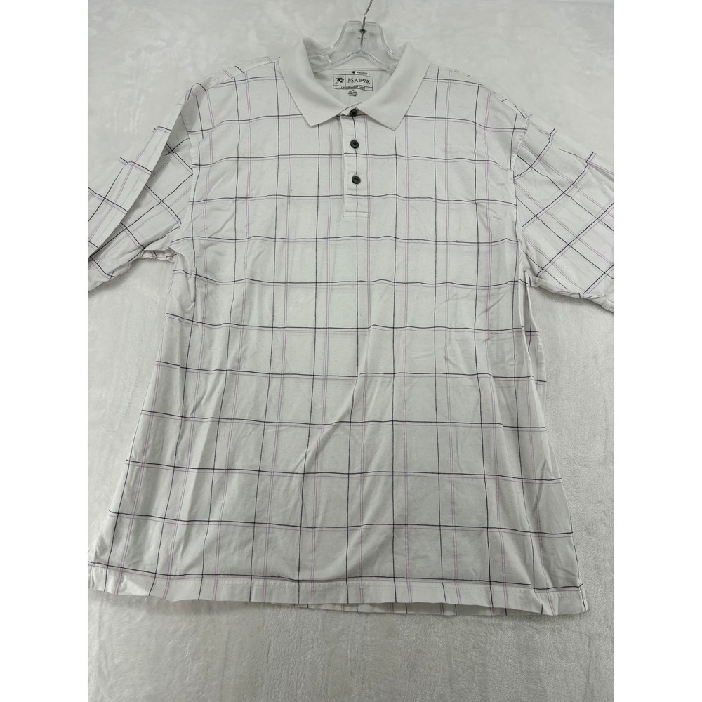 Jos. A. Bank Leadbetter Golf Mens XL Polo Shirt White Plaid Cotton Short Sleeve